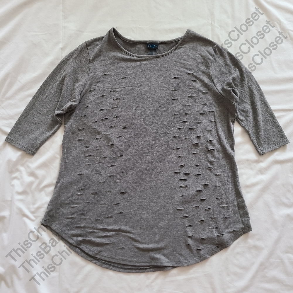 ❤️EUC Rue21+ Plus Heather Grey Distressed Holey Tunic Top, Women's Plus Size 1X